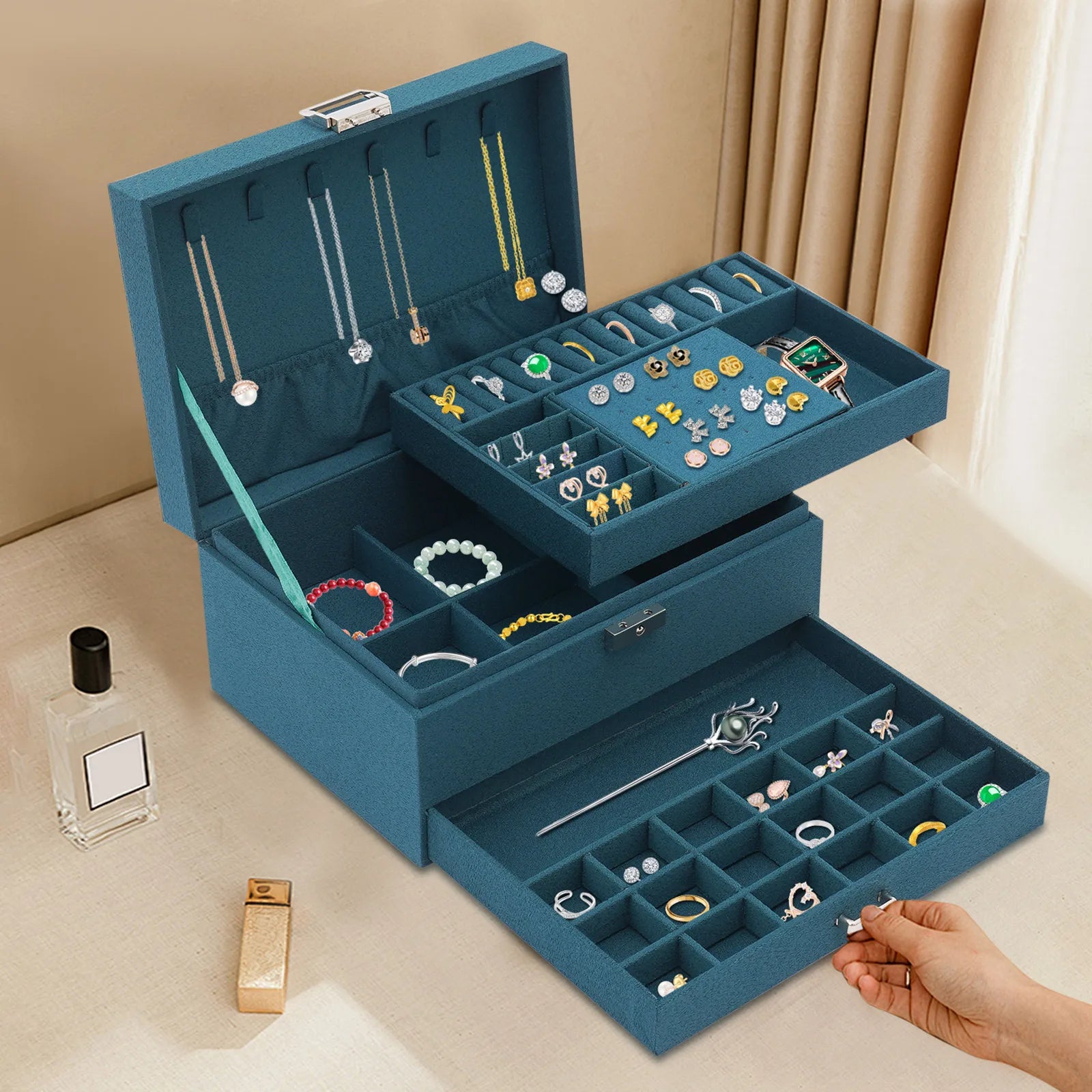 3-Layers Vintage Jewelry Organizer Box Large Capacity (Deep Green)