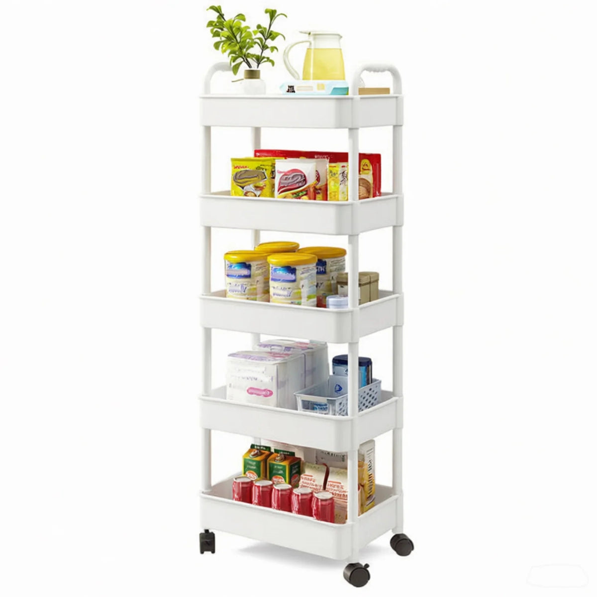 Heavy-Duty 5-Tier Rolling Utility Cart – Multi-Layer Mobile Organizer Shelf with Ergonomic Handle (White)
