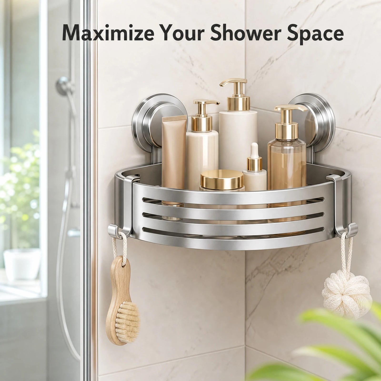 Shower Caddy Organizer, 1-Tier Suction Corner Shower Shelf, No-Drill Wall Mounted Bathroom Storage Rack, Rustproof Aluminum Shower Basket with Towel Bar
