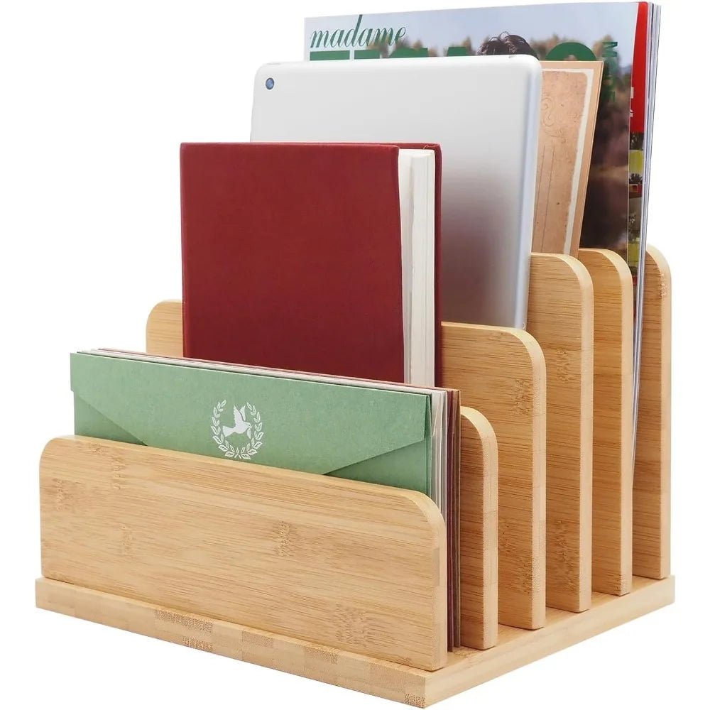 Countertop Bamboo Folder Sorter Holder – 5 Slots Desk Mail Organizer