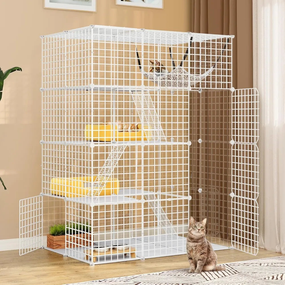 4-Tier Large Cat Cage Playpen Metal Wire Enclosure with Hammock (White)