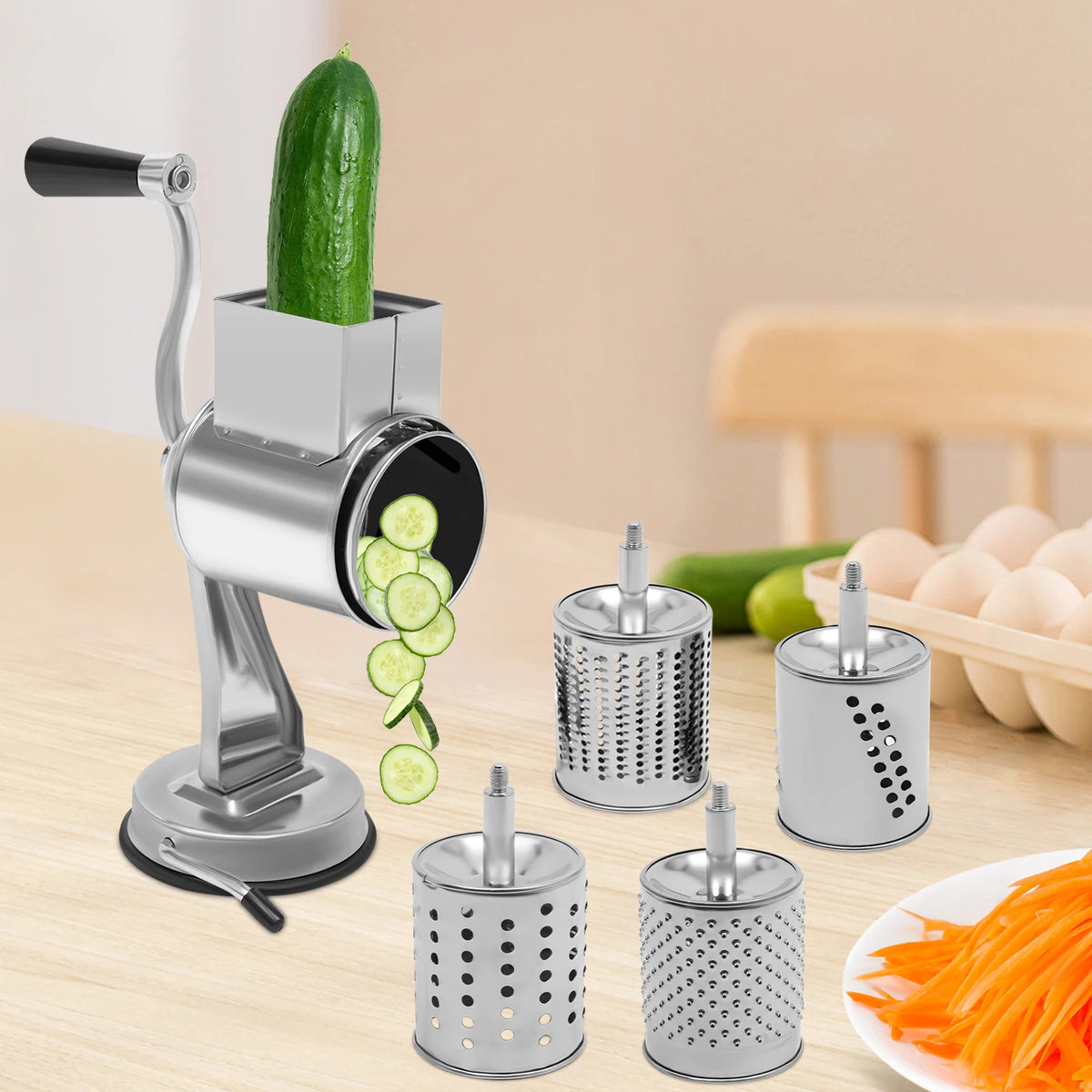 Rotary Grater with 5 Blades Stainless Steel – Manual Drum Grinder Vegetable Slicer