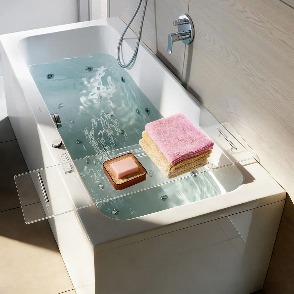 Luxury Acrylic Bathtub Tray – Clear Bath Caddy with Phone, Wine Glass &amp; Book Holder