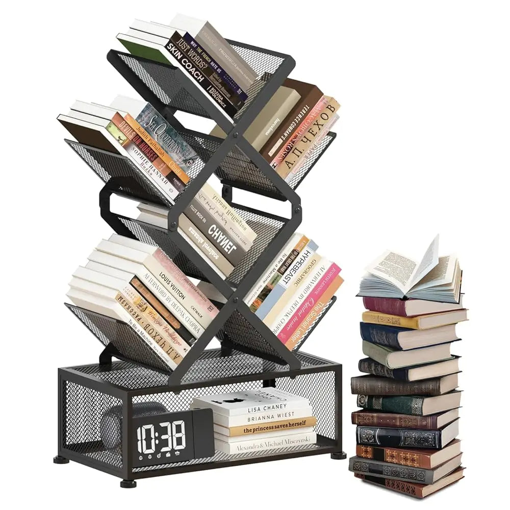 Folding 6-Tier Tree Bookshelf with Storage Cabinet Space-Saving Book Tower