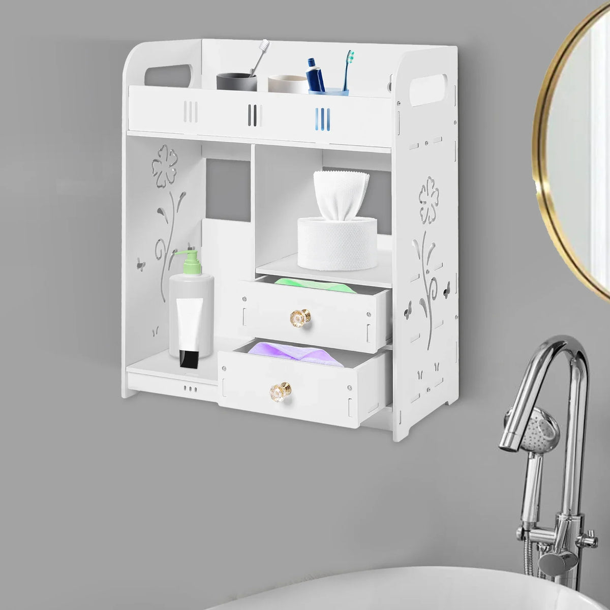 Wall-Mounted Bathroom Cabinet 2-Drawer Storage Shelf Organizer