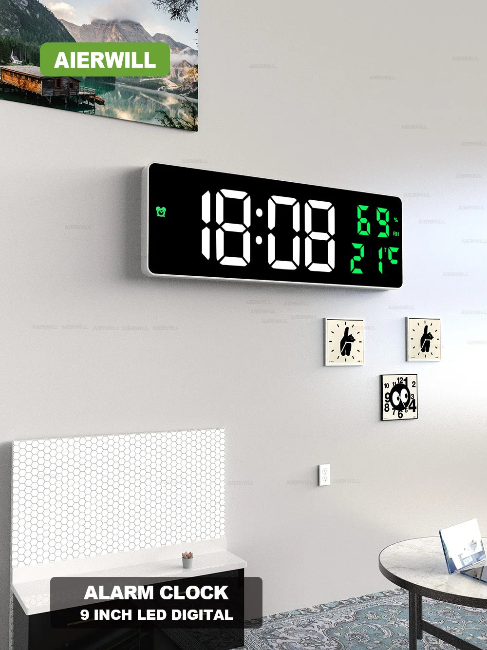 9” Digital Wall Clock Large LED Screen (Green)