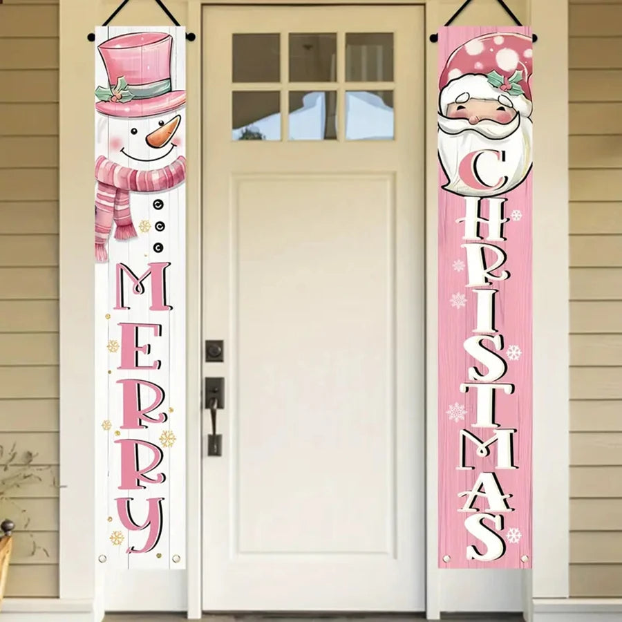 Pink Couplets Snowman Santa Claus Theme Merry Christmas Door Curtain Banner