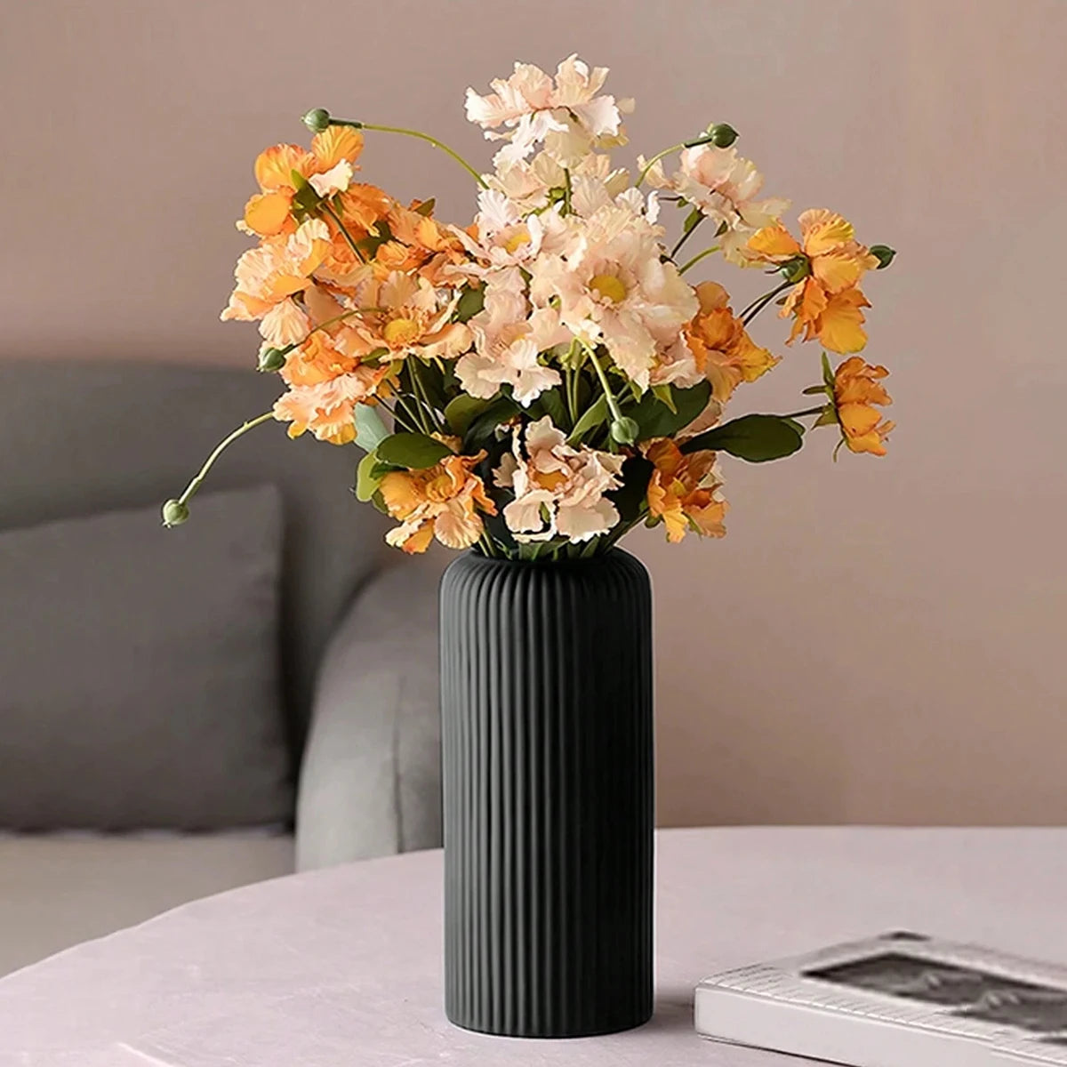 Striped Ceramic Vase Modern Flower Pot for Home Decor (Black)