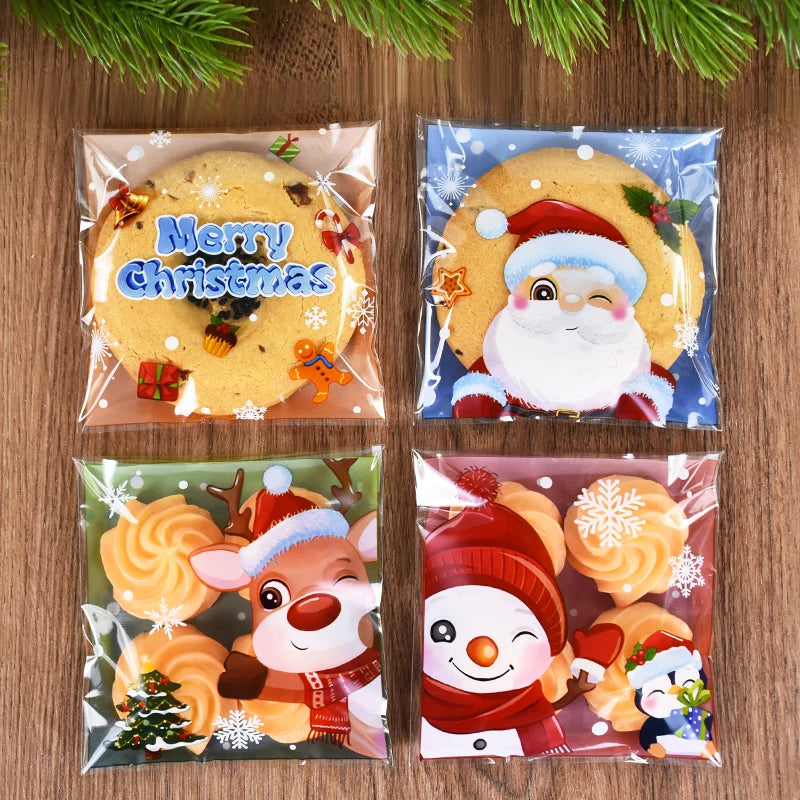 100pcs Christmas Candy Cookie Bag Santa Claus Biscuit Gift Self Adhesive Packaging Bag