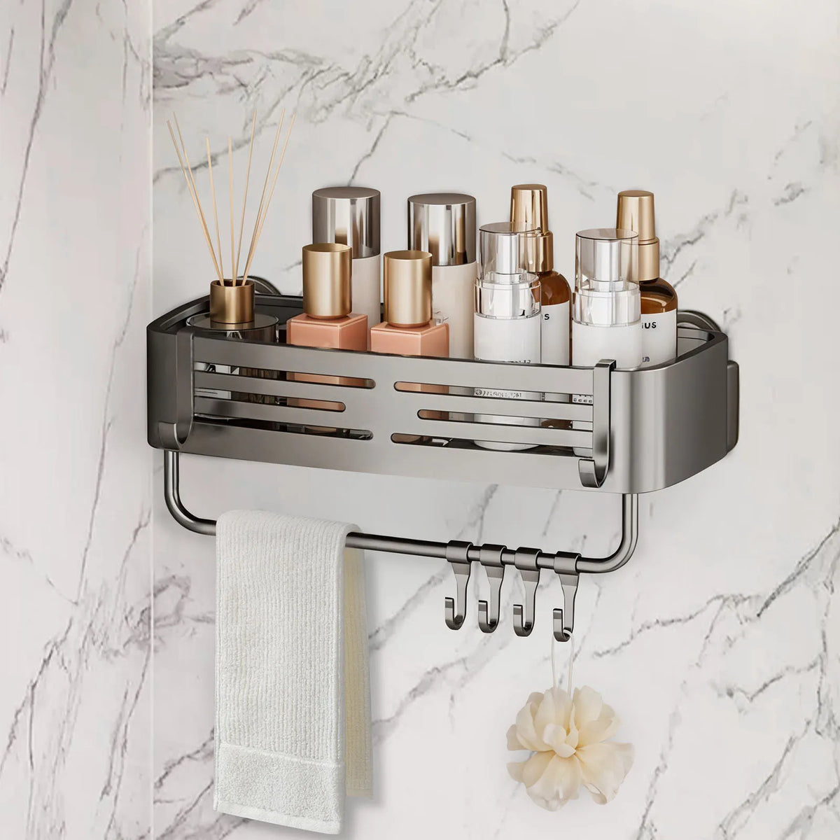 Suction Cup Bathroom Shelf Organizer Cargo Storage Caddy with 4 Hooks and Integrated Towel Bar (Gray)