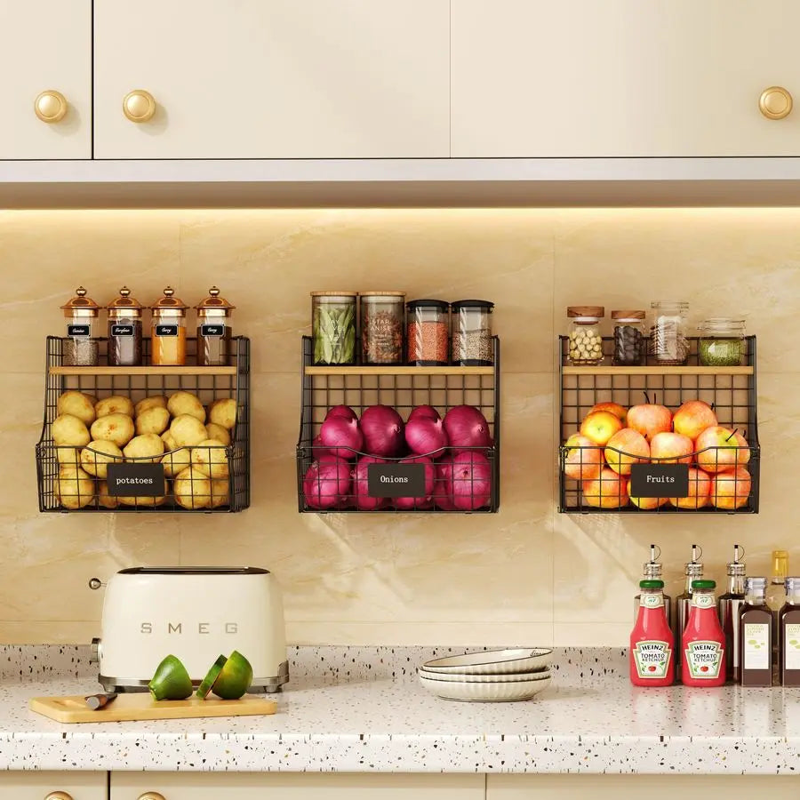 Stackable Metal Wire Produce Baskets Wall-Mount Fruit Vegetable Organizer