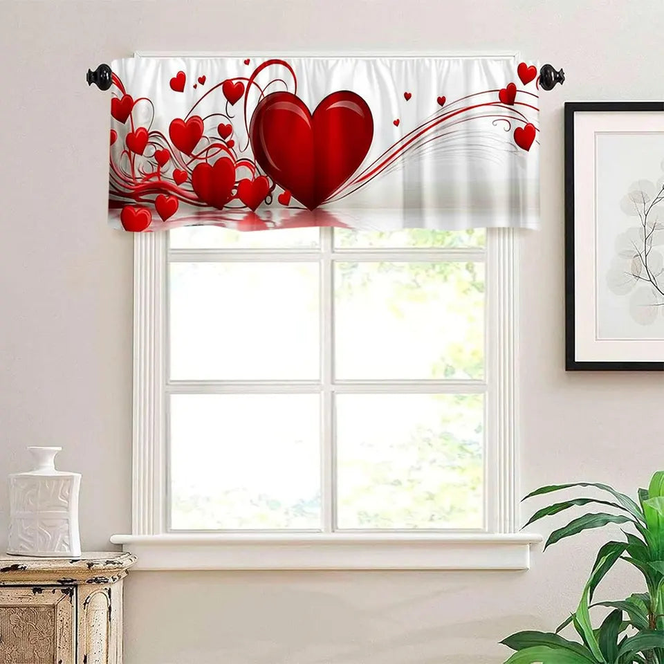 Abstract Red Heart Window Valance – Flat Artistic Design Curtain Topper