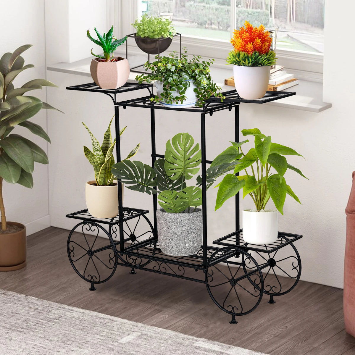 Wrought Iron 6 Tier Garden Cart Plant Stand (Black)