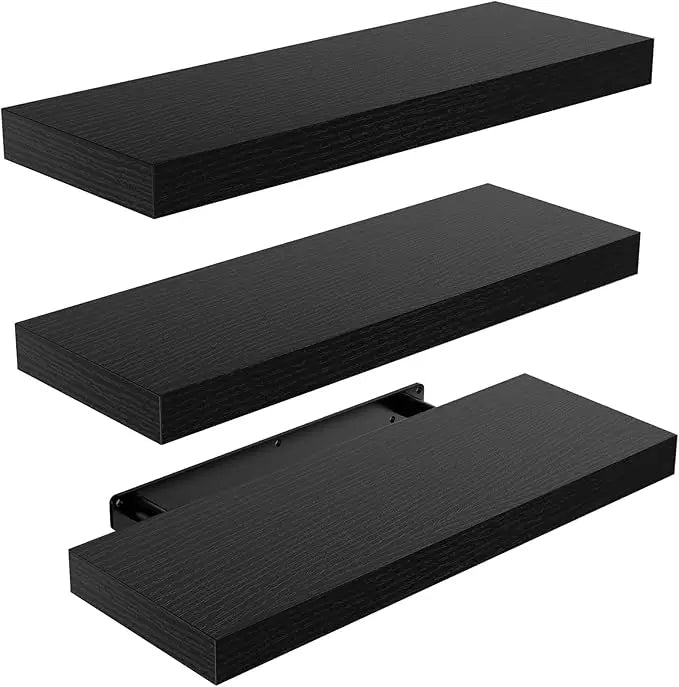 Set of 3 Floating Wall Shelves with Invisible Brackets (Black)
