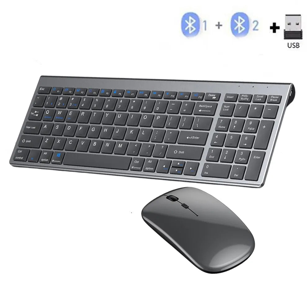 Rechargeable Full-Size Wireless Keyboard & Mouse with Bluetooth 5.0 & 2.4G (Gray)