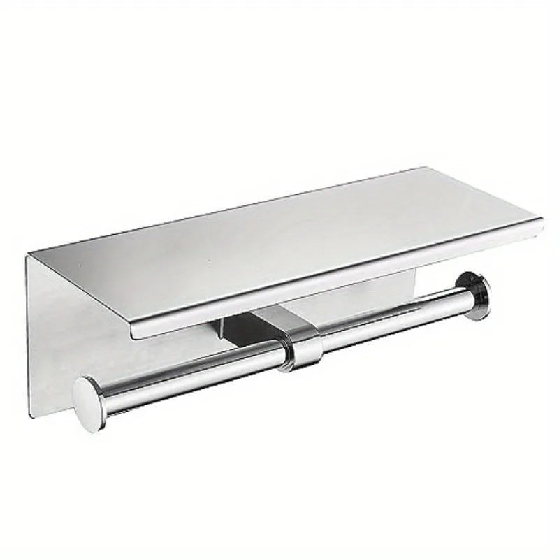 Wall Mount Double Roll Toilet Paper Holder with Shelf (Silver)