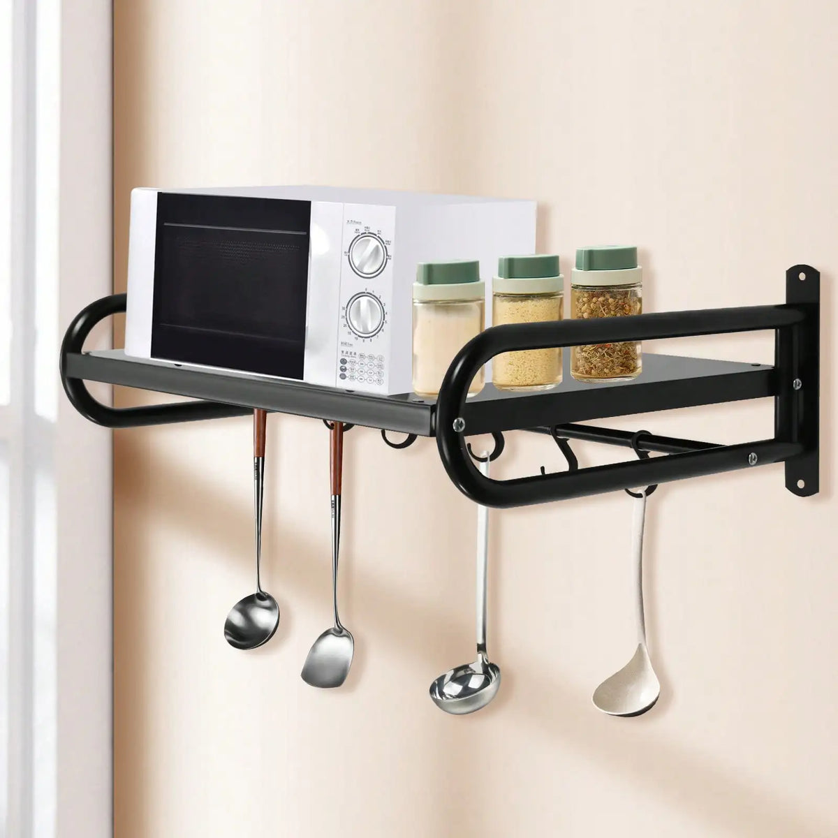 Wall Mount Microwave Oven Shelf Kitchen Storage Rack with 6 Hooks (Black)