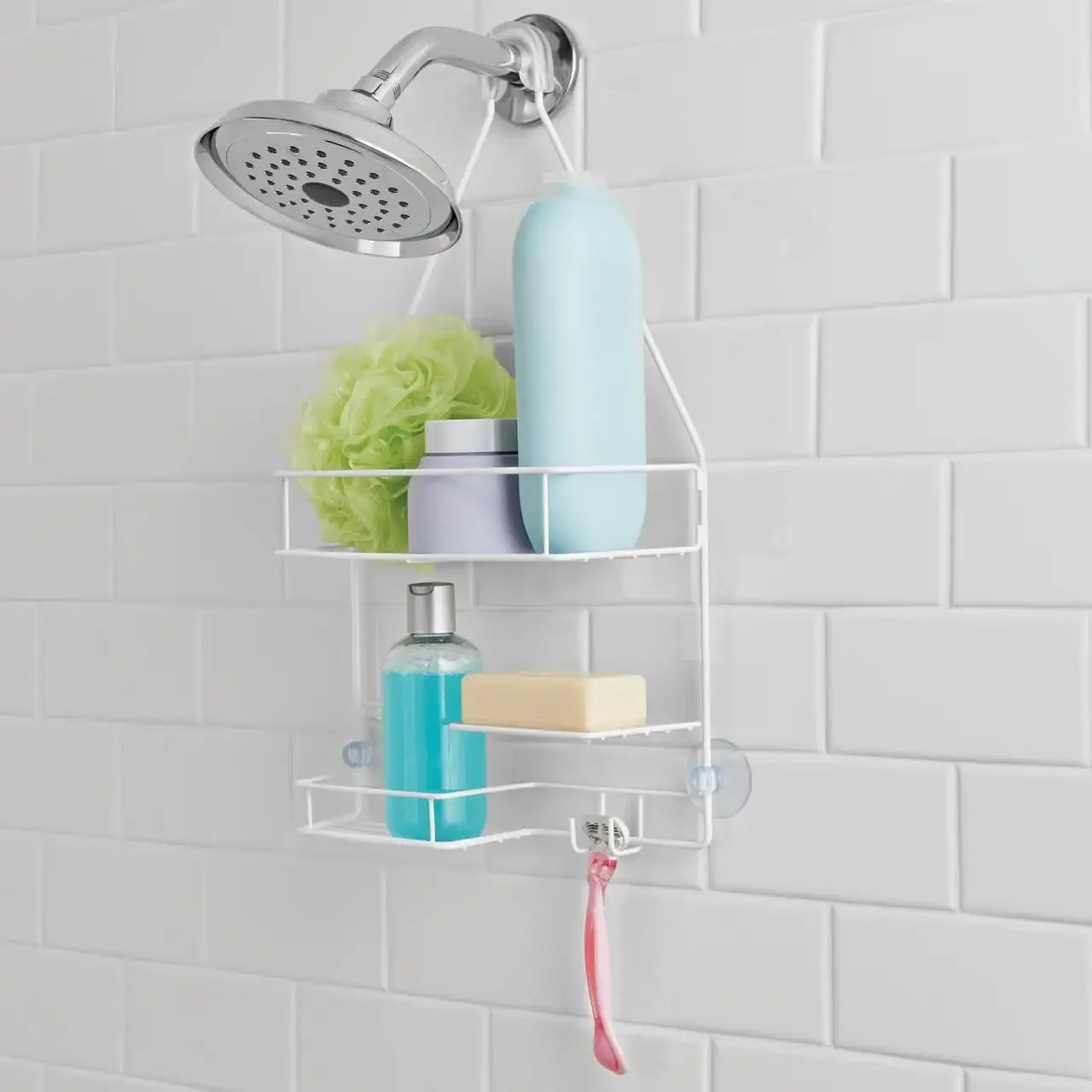 Hanging Shower Basket 2-Tier Caddy with Soap Dish for Bathroom Storage
