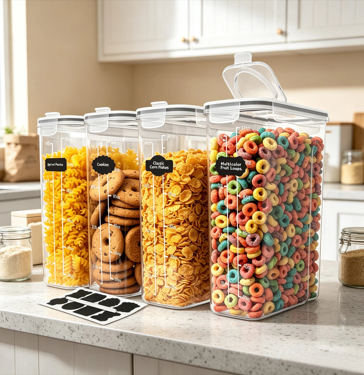 4-Pack 120oz Airtight Food Storage Containers with Lids, Leak-Proof Plastic Pantry Canisters for Cereal, Flour, Sugar &amp; Dry Goods, Labels &amp; Marker Included