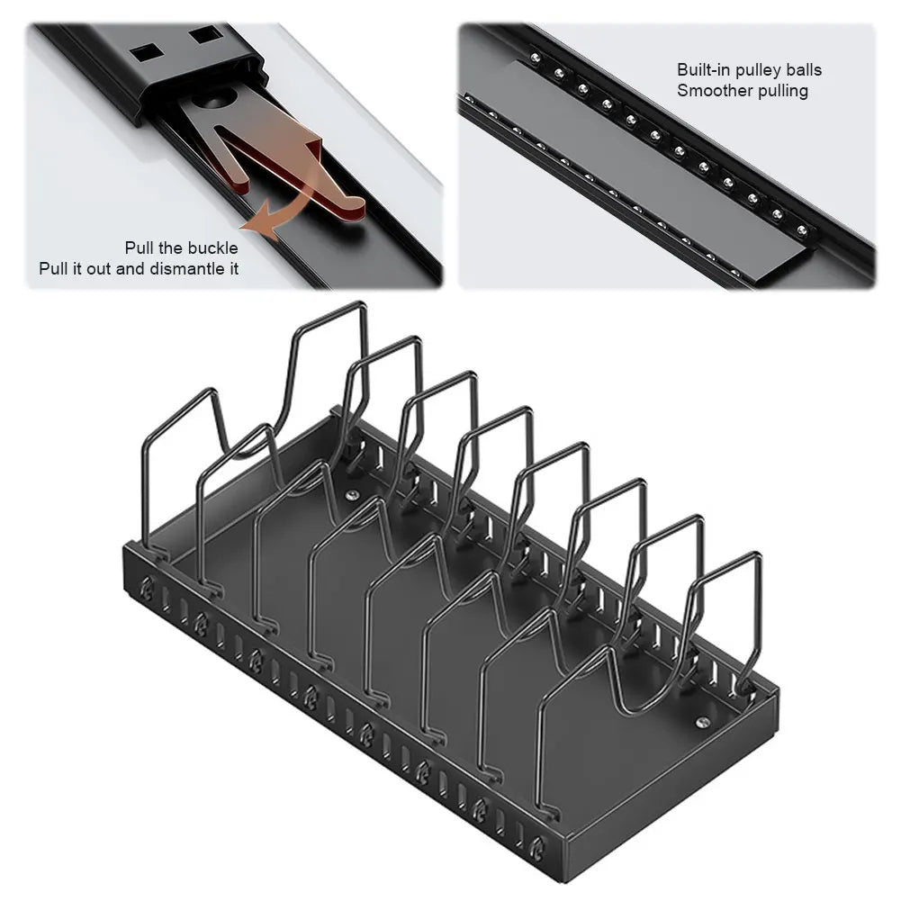 Sliding Kitchen Pots and Pans Organizer with 8 Adjustable Dividers