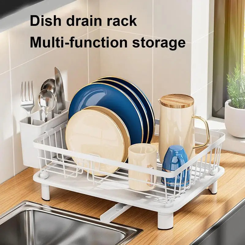 Dish Drainer Rack with Cutlery Cup Holders (White)