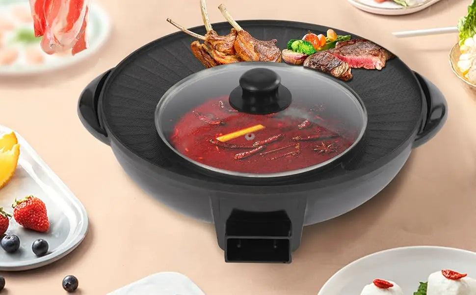 Electric Hot Pot Grill with Divider Portable Smokeless Grill