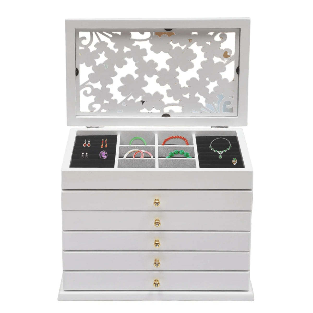 6-Layer Wooden Jewelry Box Jewelry Storage Organizer with Velvet Lining (White)