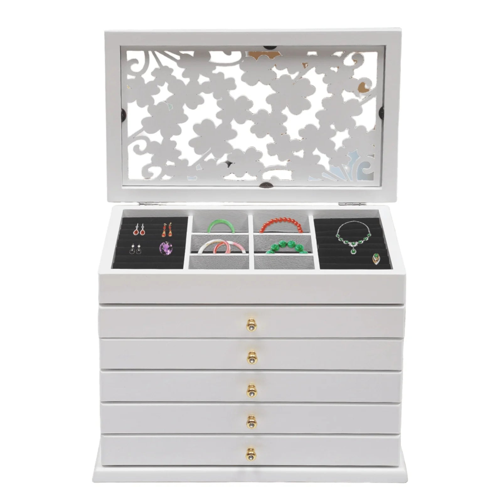 6-Layer Wooden Jewelry Box Jewelry Storage Organizer with Velvet Lining (White)