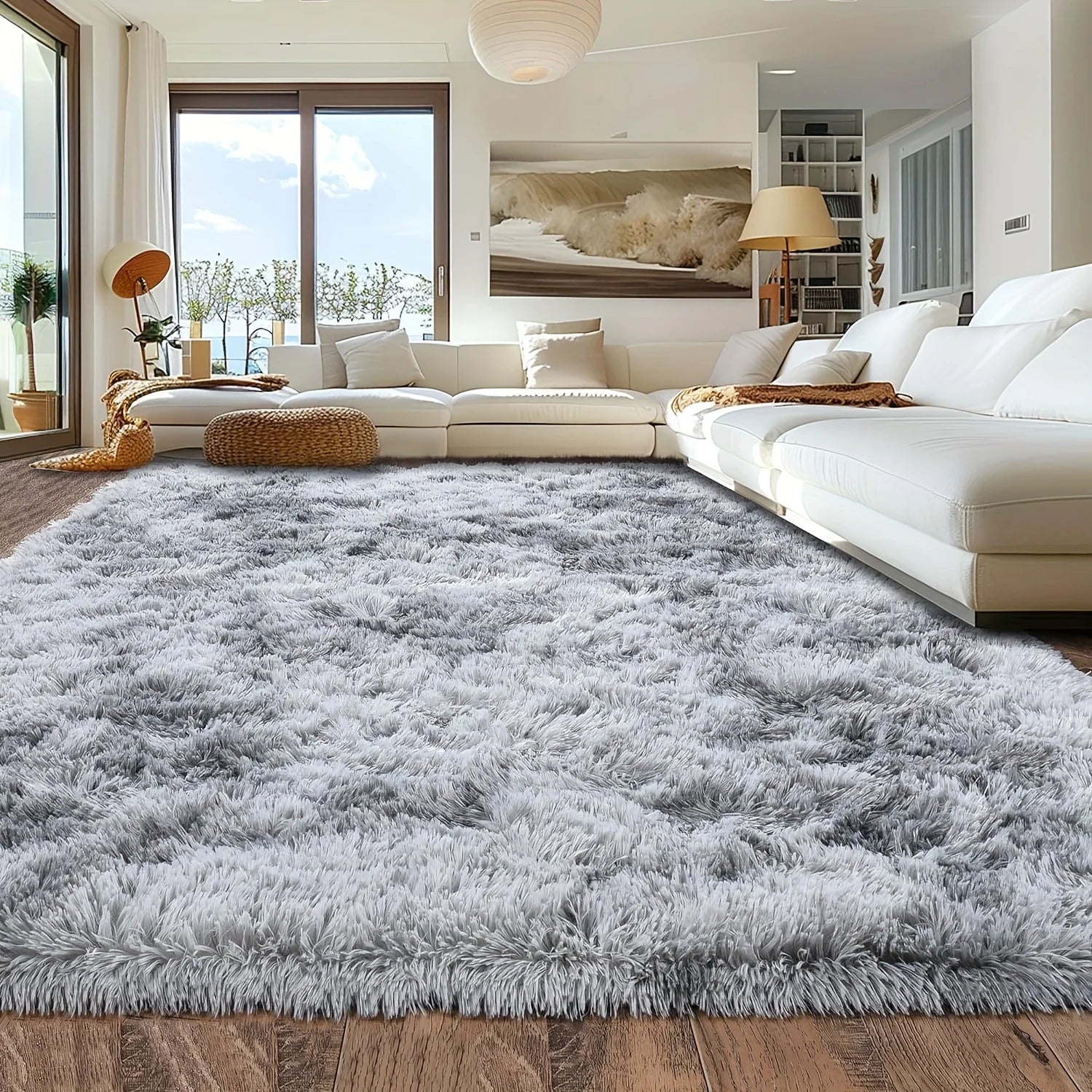 Fluffy Tie Dyed Gray Area Rug Non-Slip Carpet for Living Room, Bedroom & Home Decoration