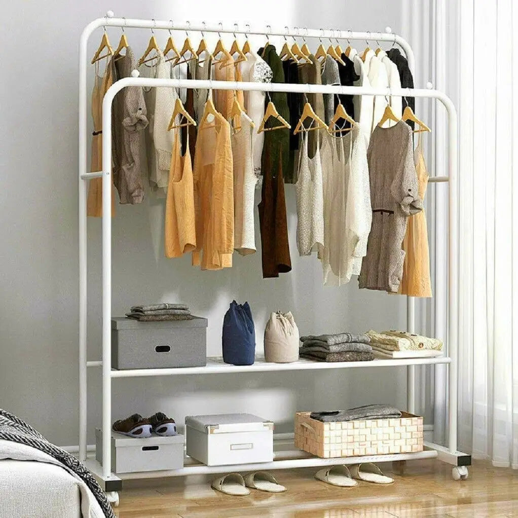 Rolling Clothes Rack Heavy Duty Metal 360° Wheels Coat Hanger Stand (White)