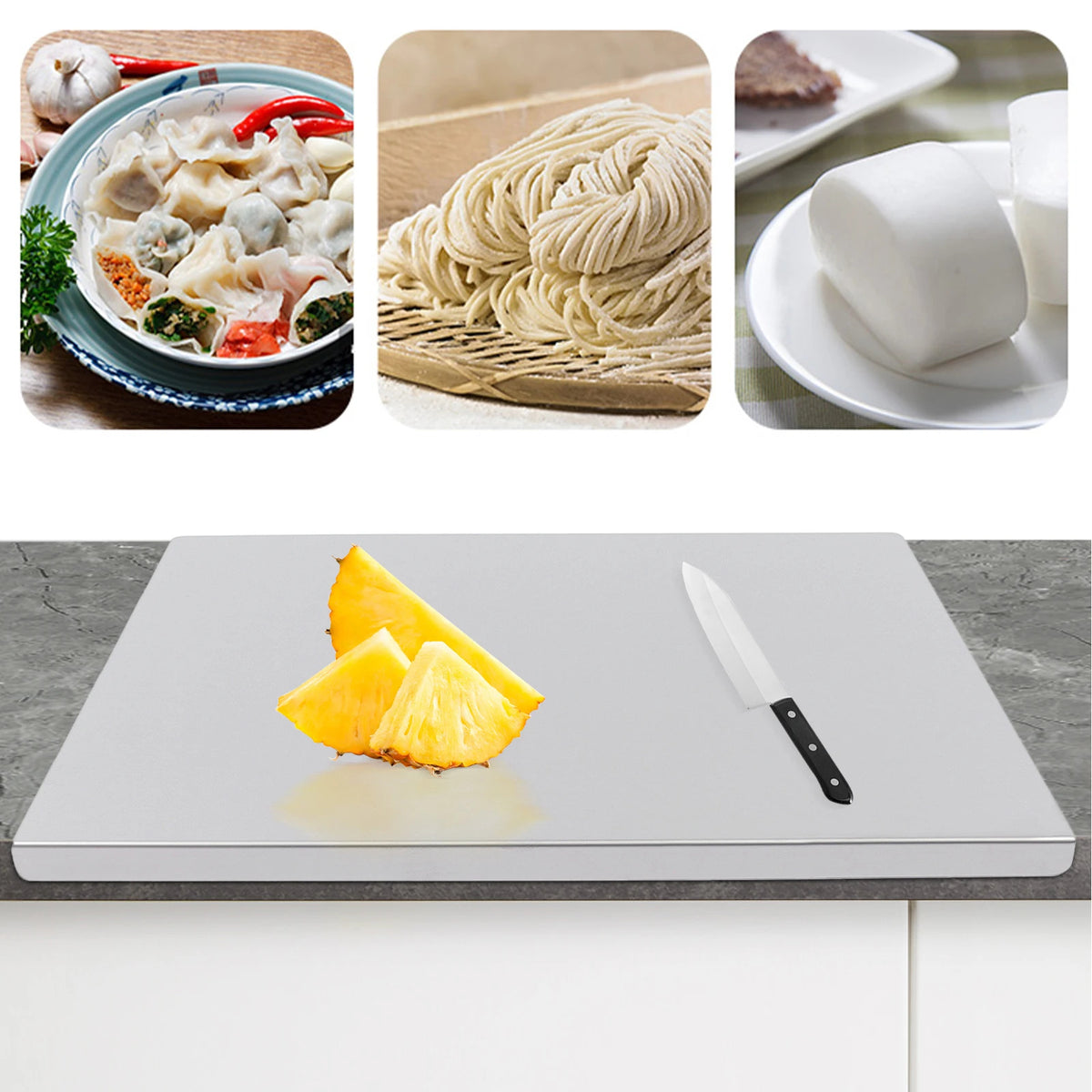 Stainless Steel Cutting Board with L-Shaped Folded Edge – Large Kitchen Chopping Board for Vegetables, Dough Kneading &amp; Countertop Protection