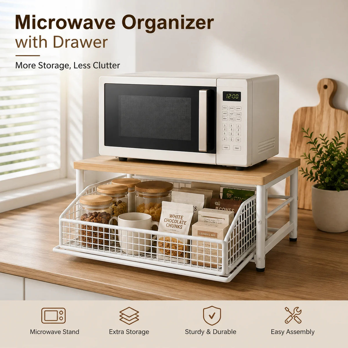 Kitchen Microwave Stand with Drawer – Multifunctional Countertop Storage Rack (White)