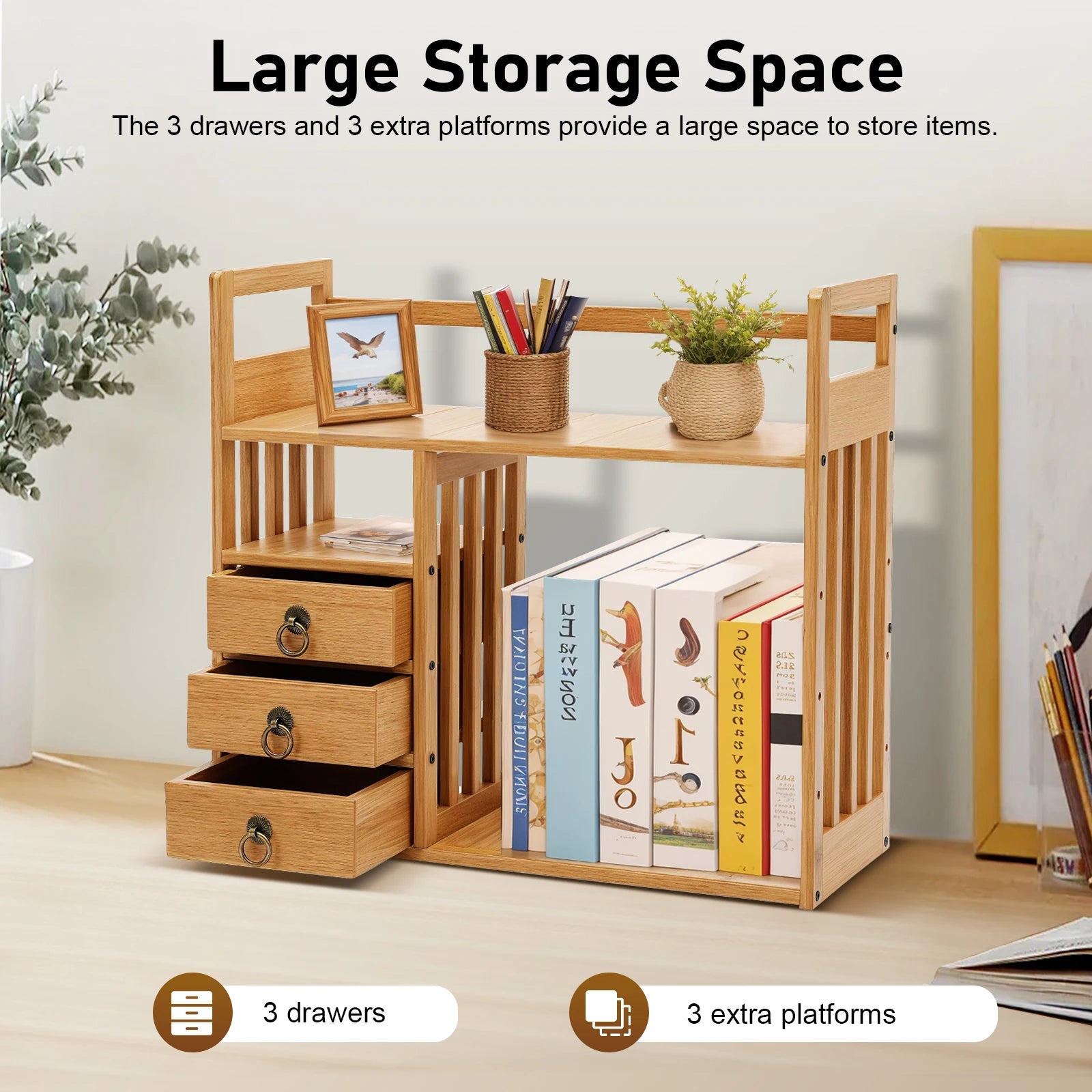 Bamboo Desktop Bookshelf with 3 Drawers for Office or Bedroom