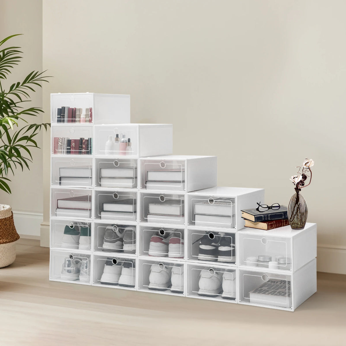 Clear Foldable Shoe Boxes Plastic Storage Organizer, 20 Pack