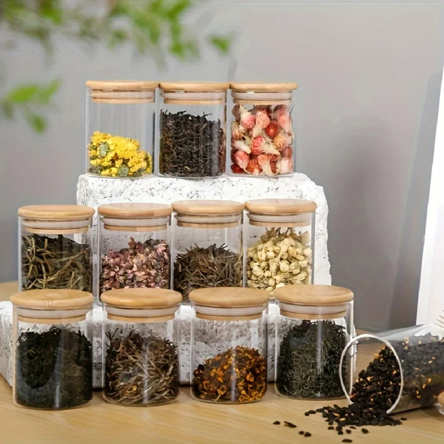 12pcs Glass Storage Jars Airtight Bamboo Lid