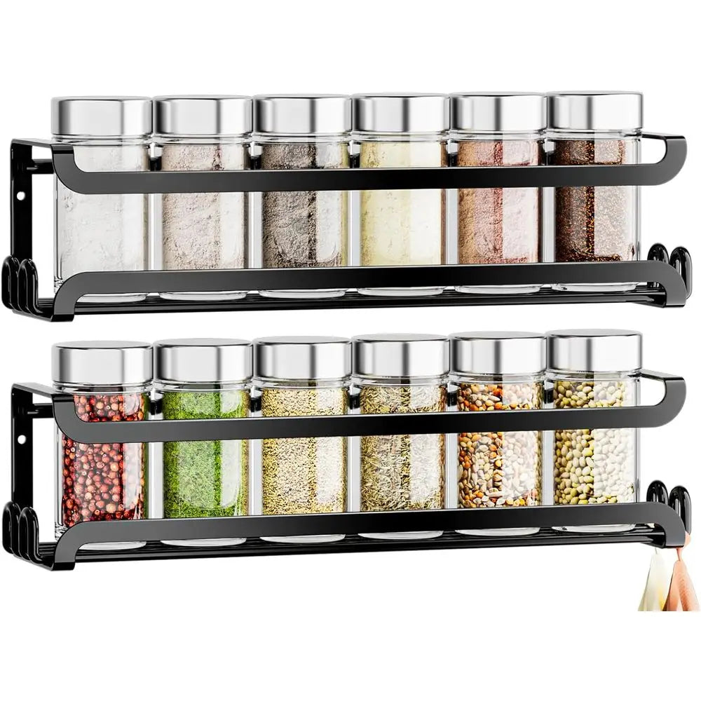 2-Pack Wall-Mounted Spice Rack with 8 Hooks – Space-Saving Kitchen Organizer for Pantry, RV, Camper &amp; Home, Black