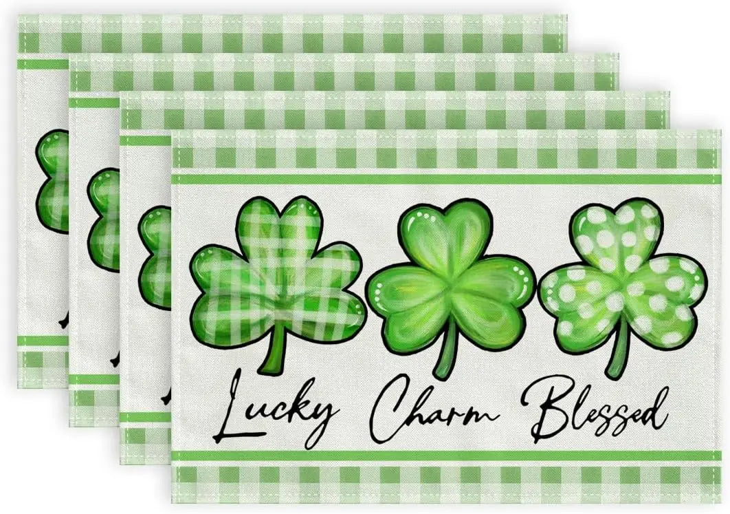 St. Patrick's Day Placemats Set of 4, 12x18" Shamrock Burlap Green Farmhouse