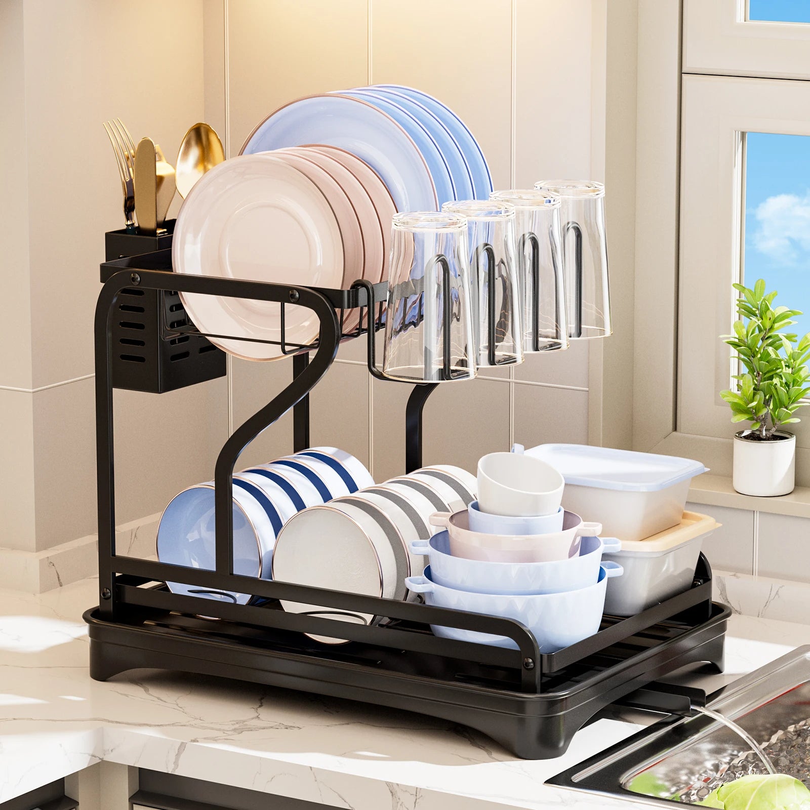 2-Tier Dish Drying Rack Drainboard Cutlery Holder for Kitchen Counter