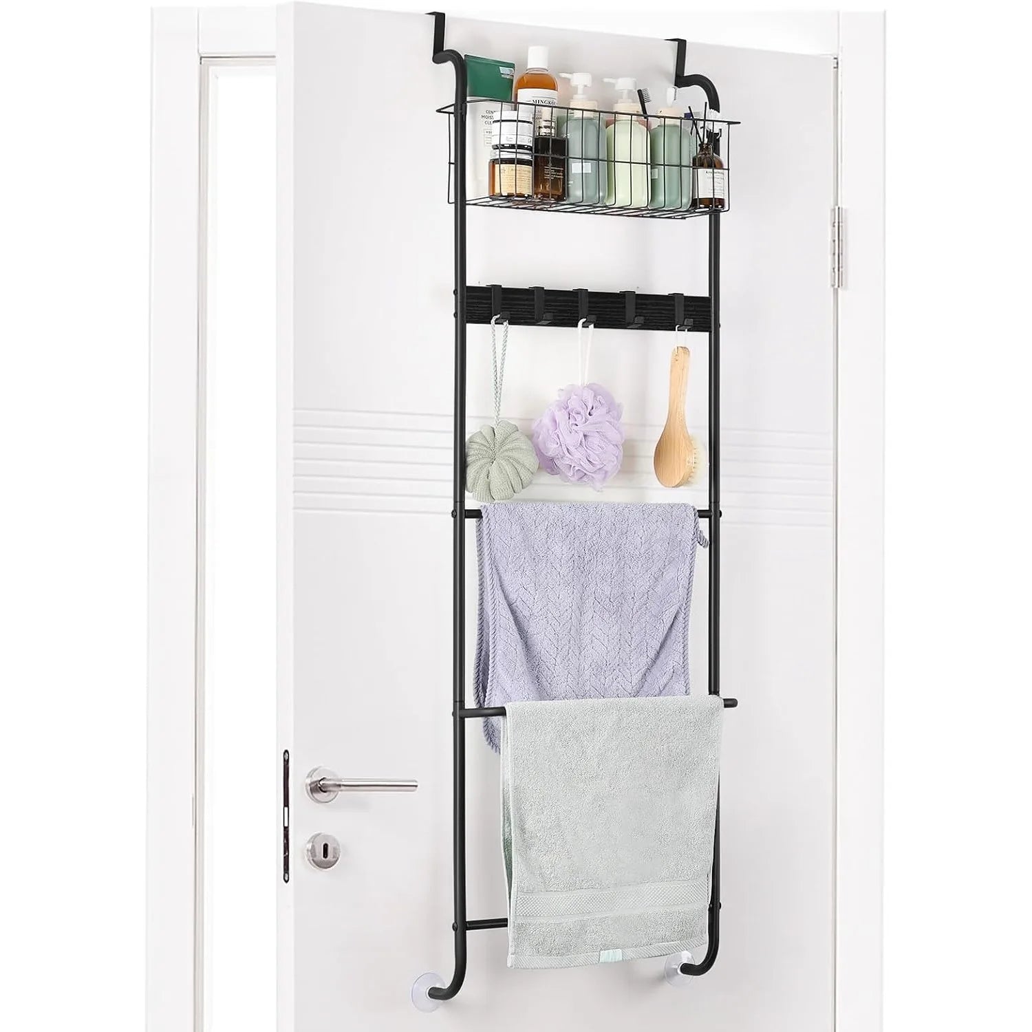 5-Tier Over Door Metal Towel Rack Heavy Duty Bathroom/Bedroom Organizer (Black)