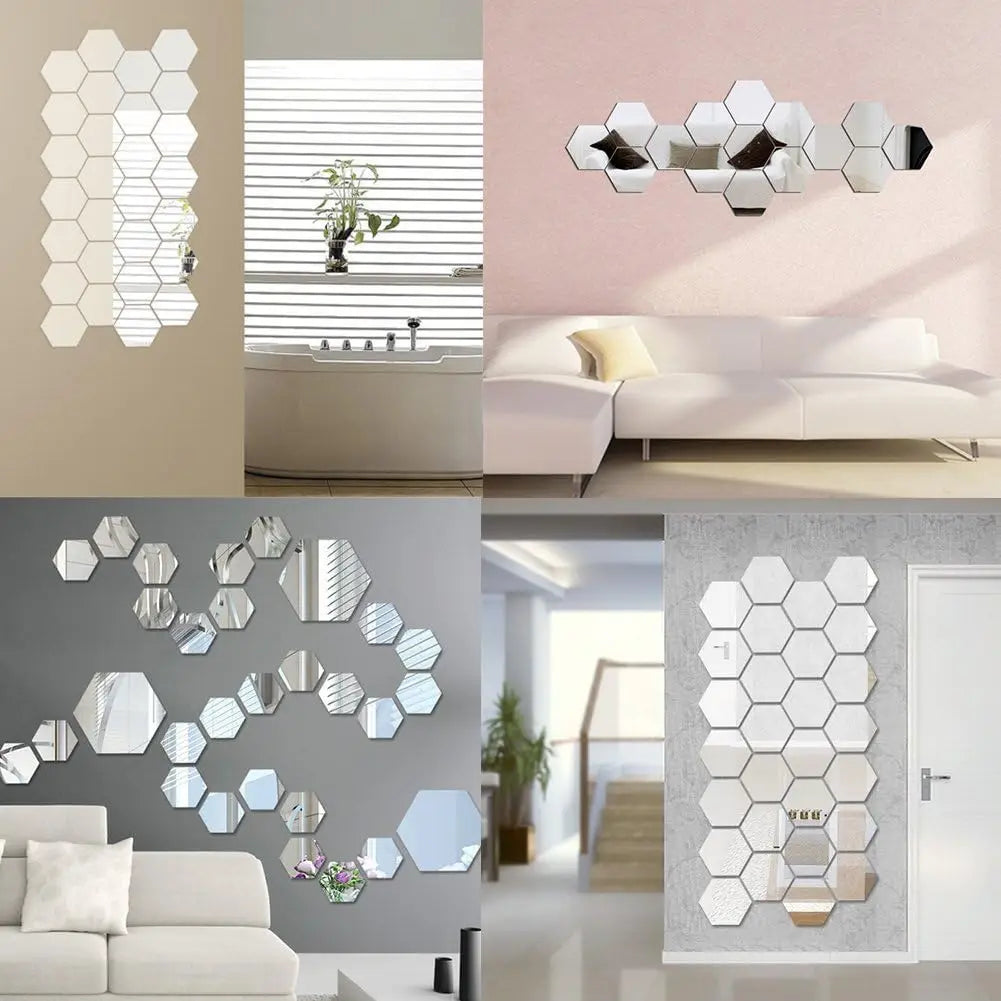 Hexagon 6 Pack 3D Mirror Decals Easy DIY Modern Wall Art (Silver)