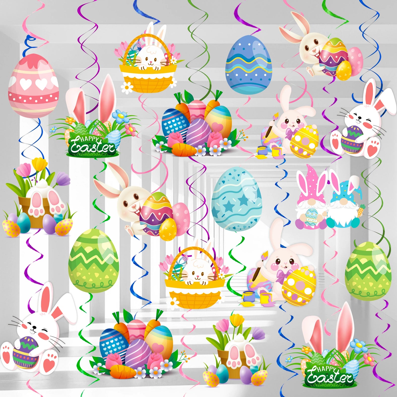 Bunny Egg Party Hanging Swirls 56 Pcs Easter Hanging Swirl Decorations