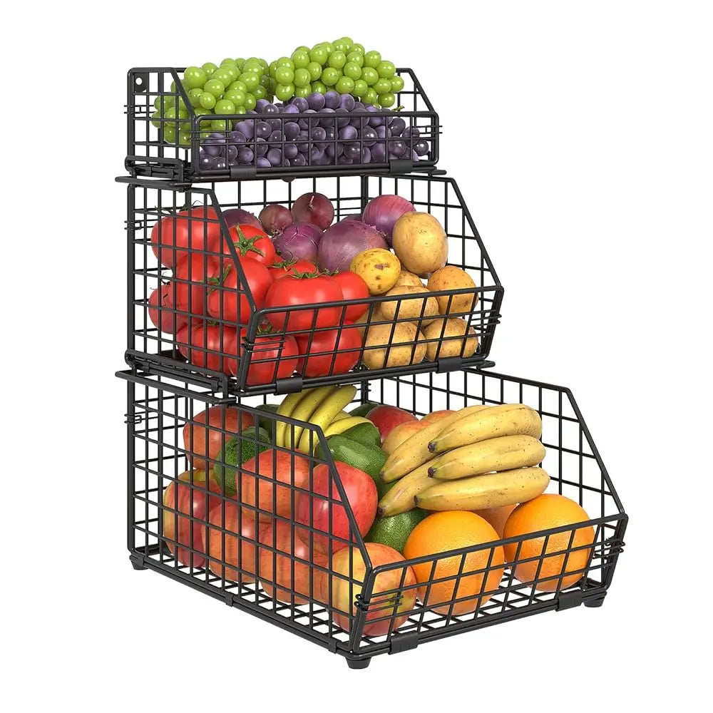 Stackable 3-Tier Produce Basket Wall-Mounted for Pantry Kitchen