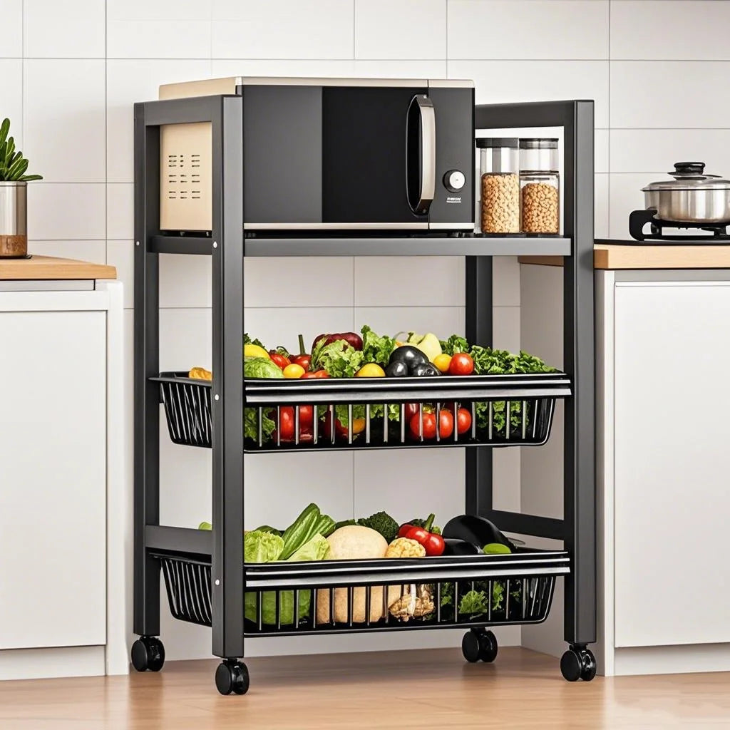 3-Tier Kitchen Storage Rack – Adjustable Utility Trolley with 2 Wire Baskets