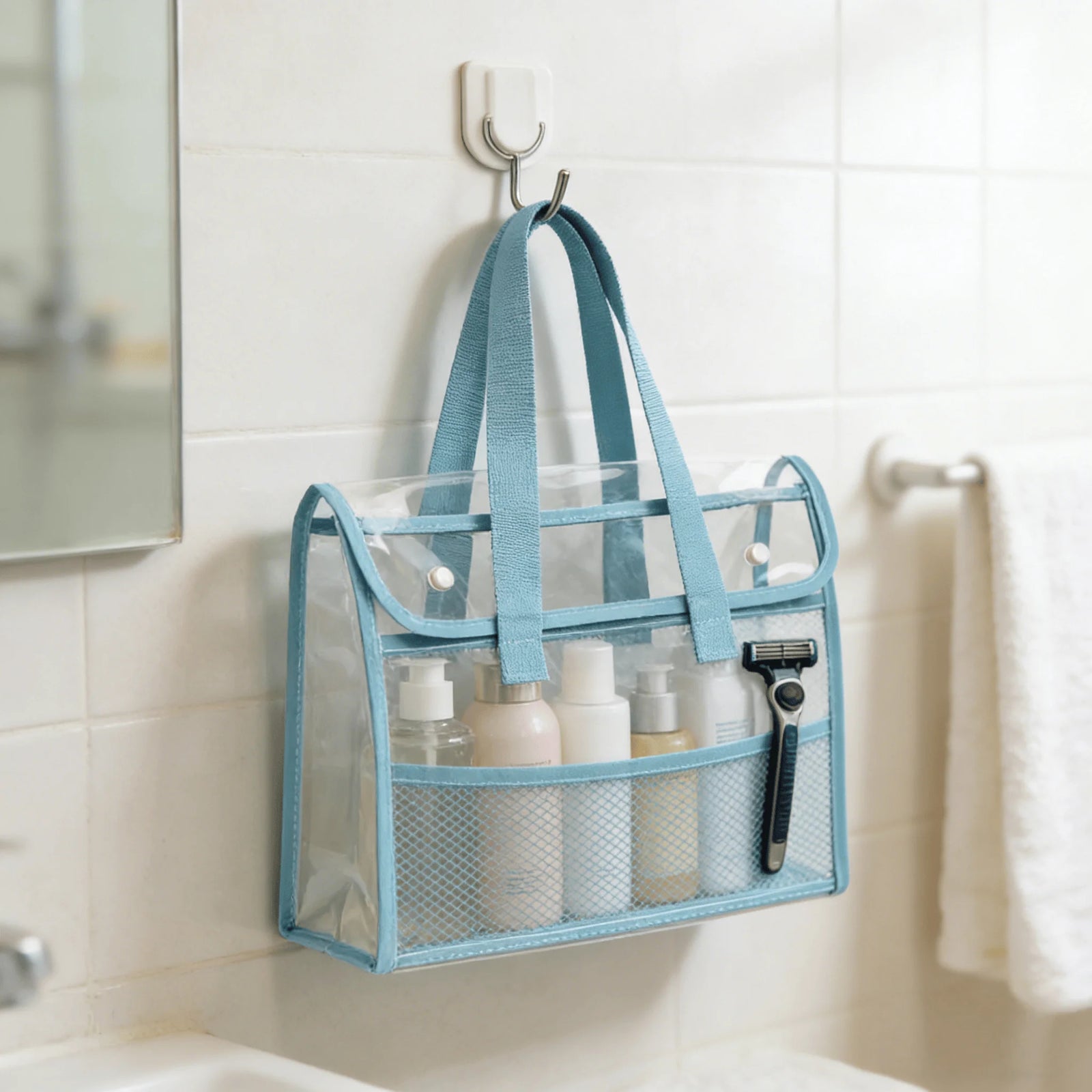Clear Storage Bag Mesh Organizer Pouch with Handle (Sky Blue)