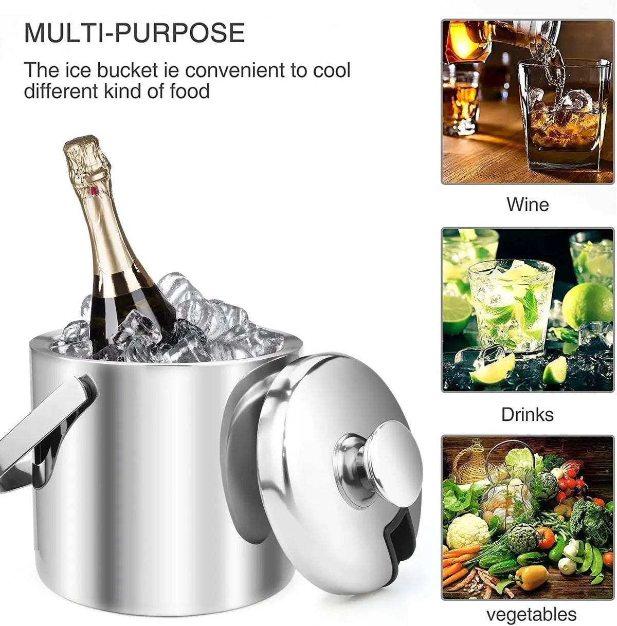 Stainless Steel Ice Bucket Double-Wall Insulated 1.3L with Lid &amp; Scoop