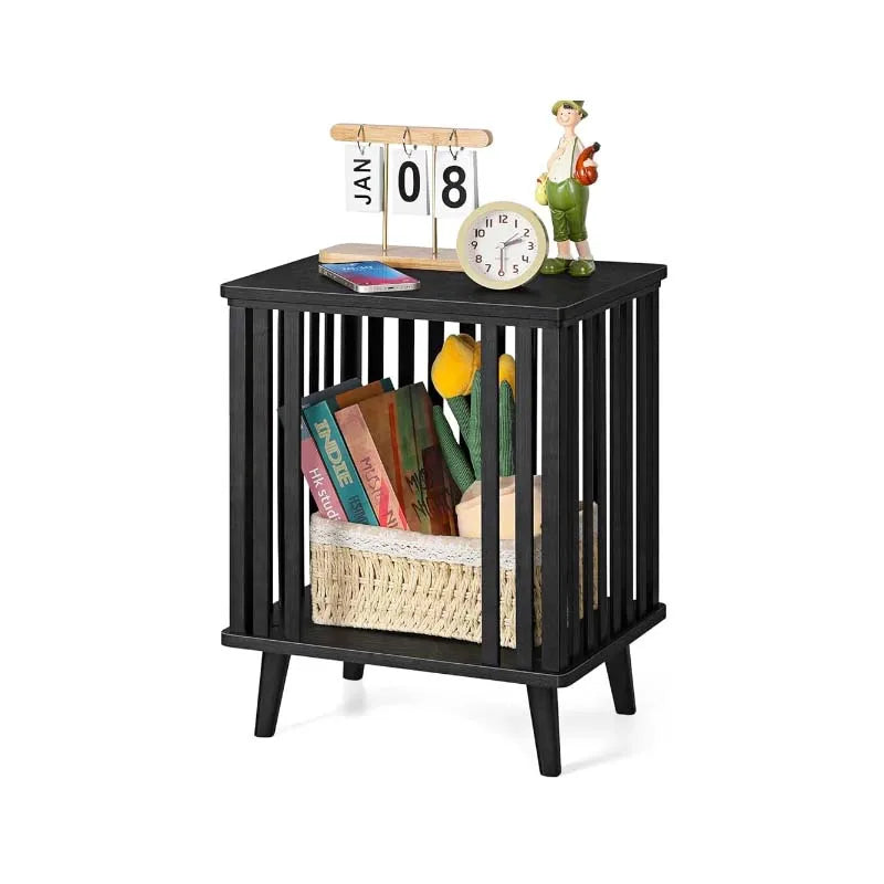 Nightstand with Bamboo Storage Large Capacity End Table (Black)