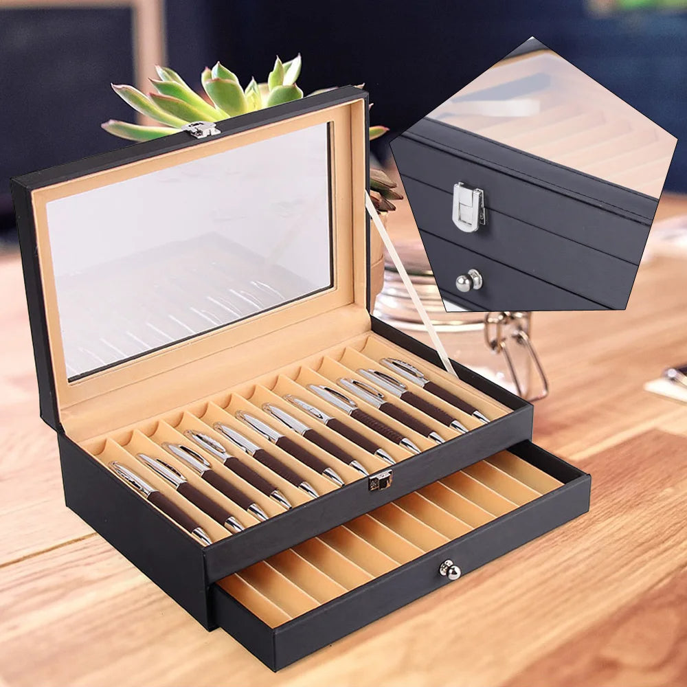 Leather Fountain Pen Display Case 24-Slot with Flannel Drawer