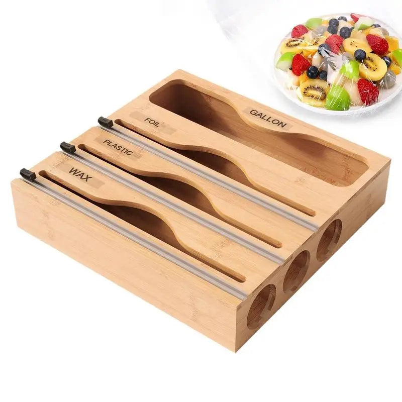 Bamboo Kitchen Storage Box with Film Cutter Bag Dispenser