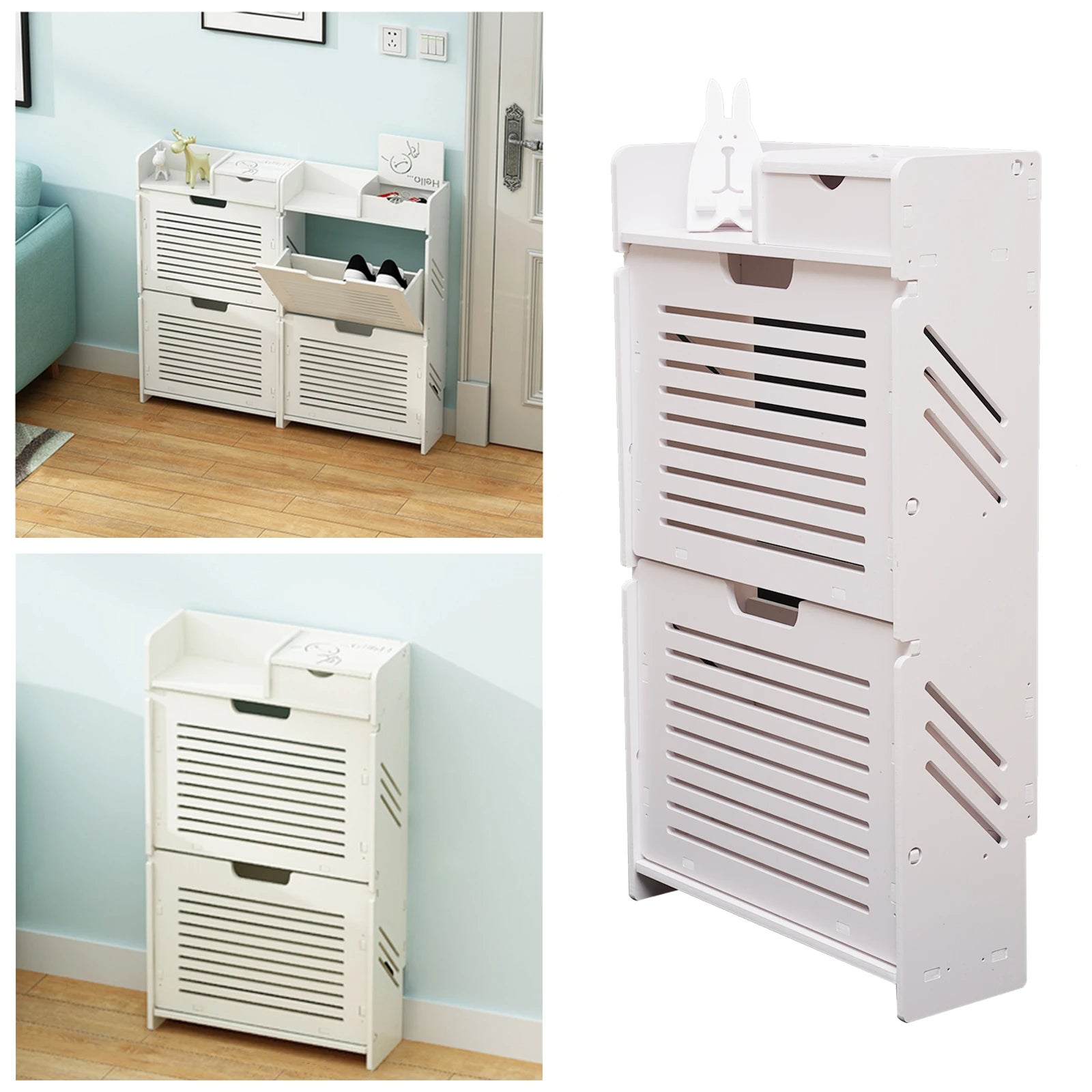 Slim White Shoe Storage Cabinet with Flip Down Rack (White)