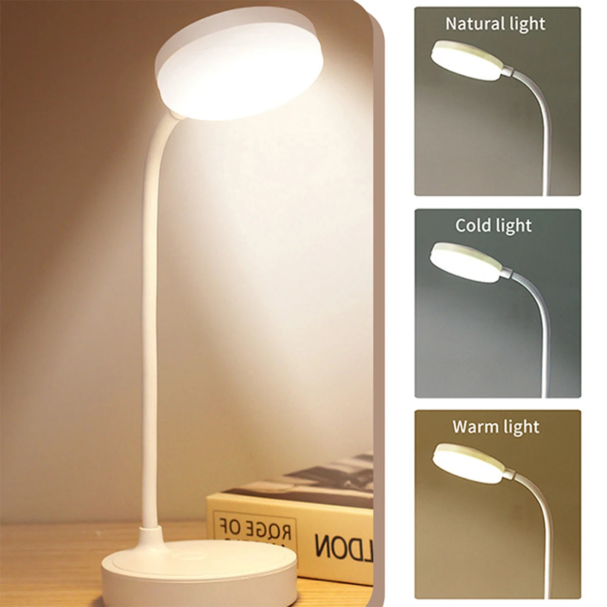 Portable LED Desk Lamp with USB & Battery Power, 3-Color Dimming (White)